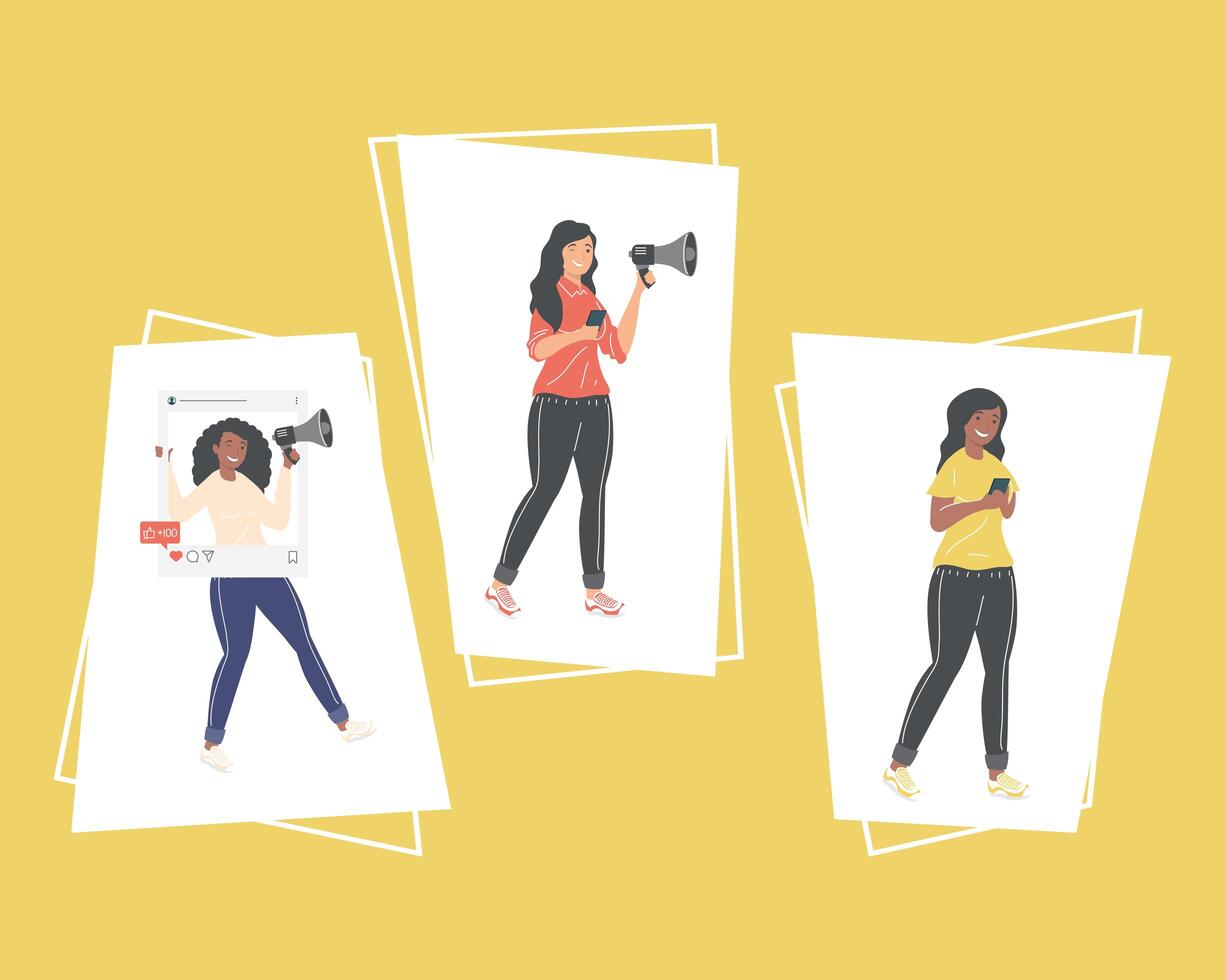 women with social media icons vector