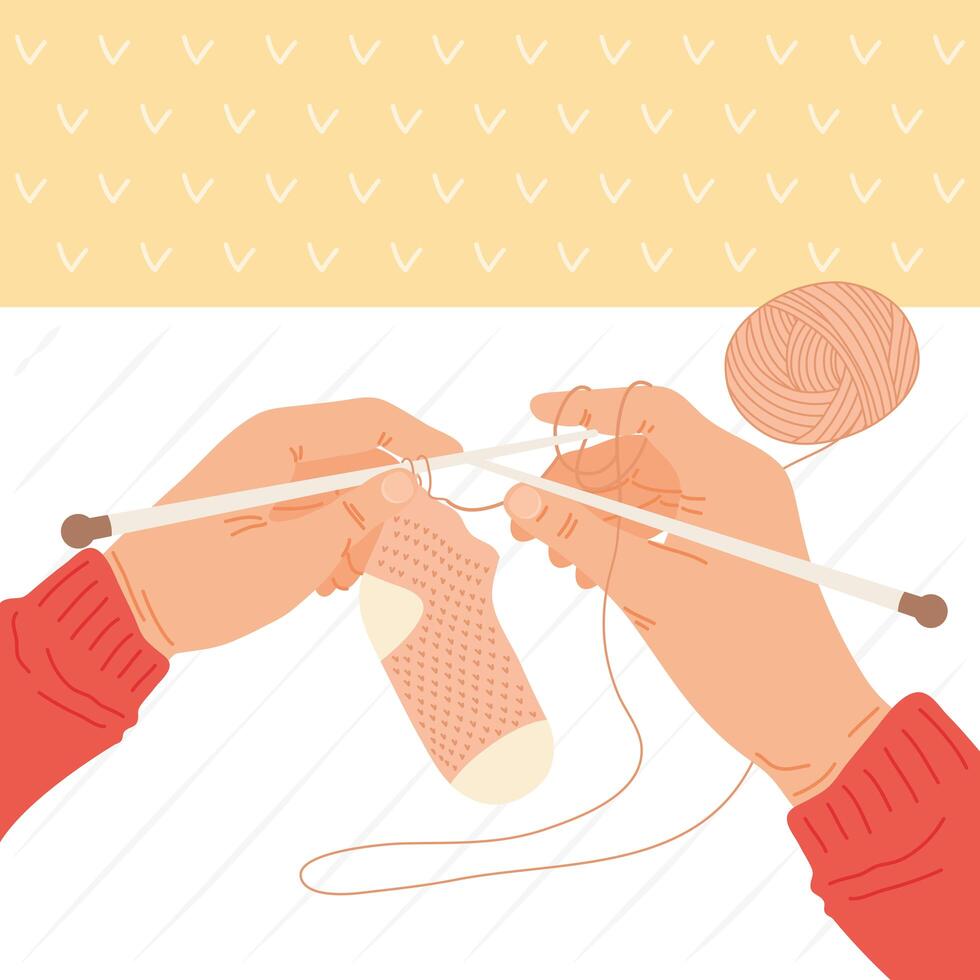 Hands holdigng knitted sock vector