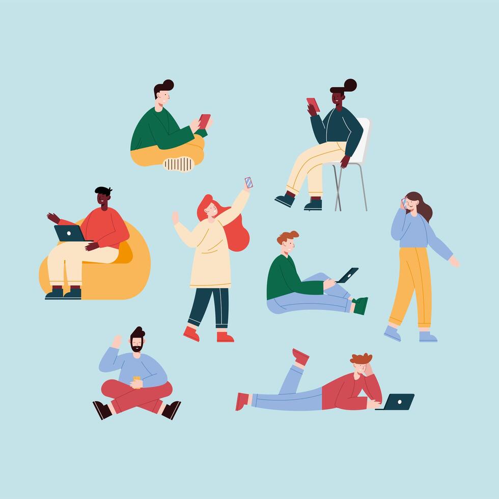 eight persons using devices vector