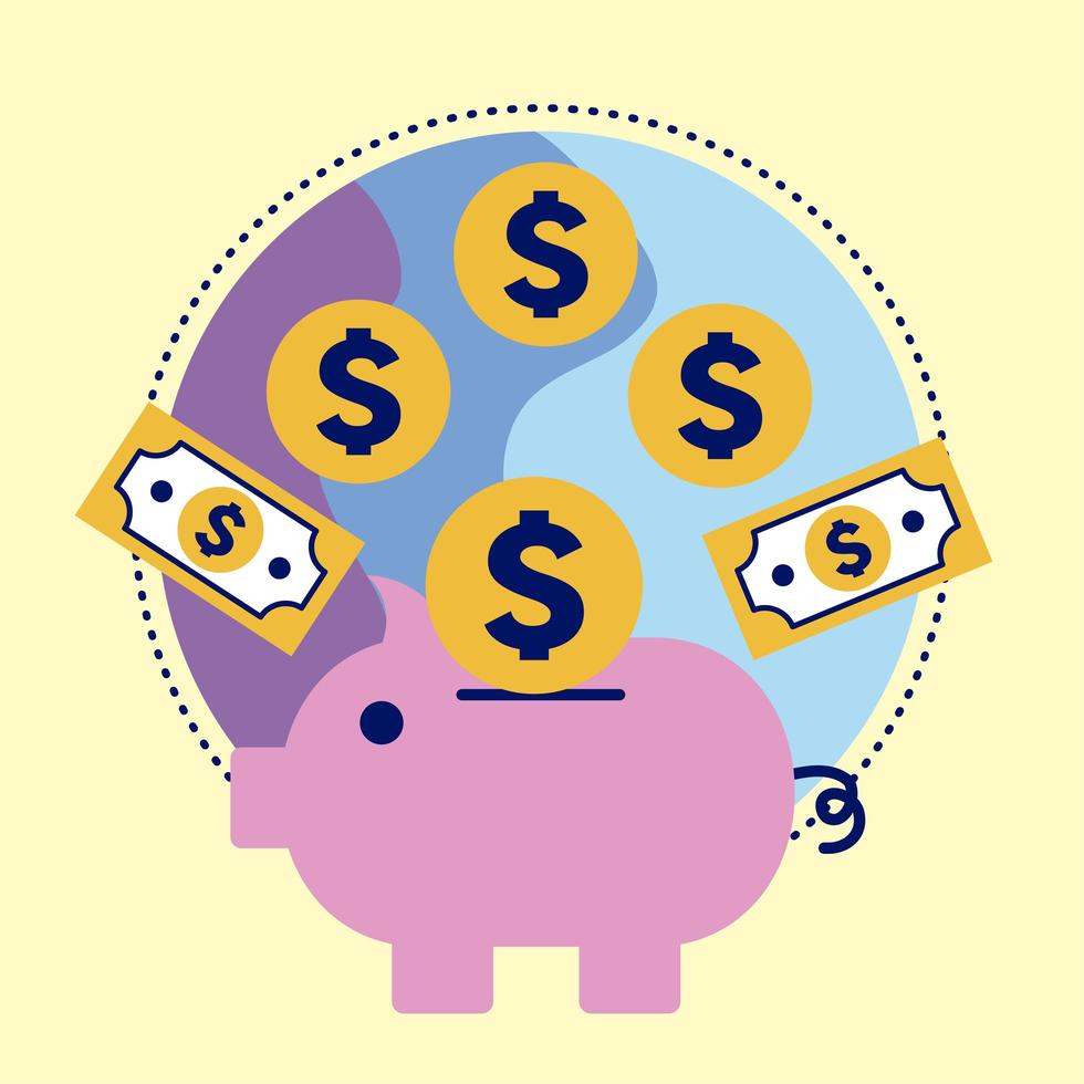 Piggy with coins and bills vector