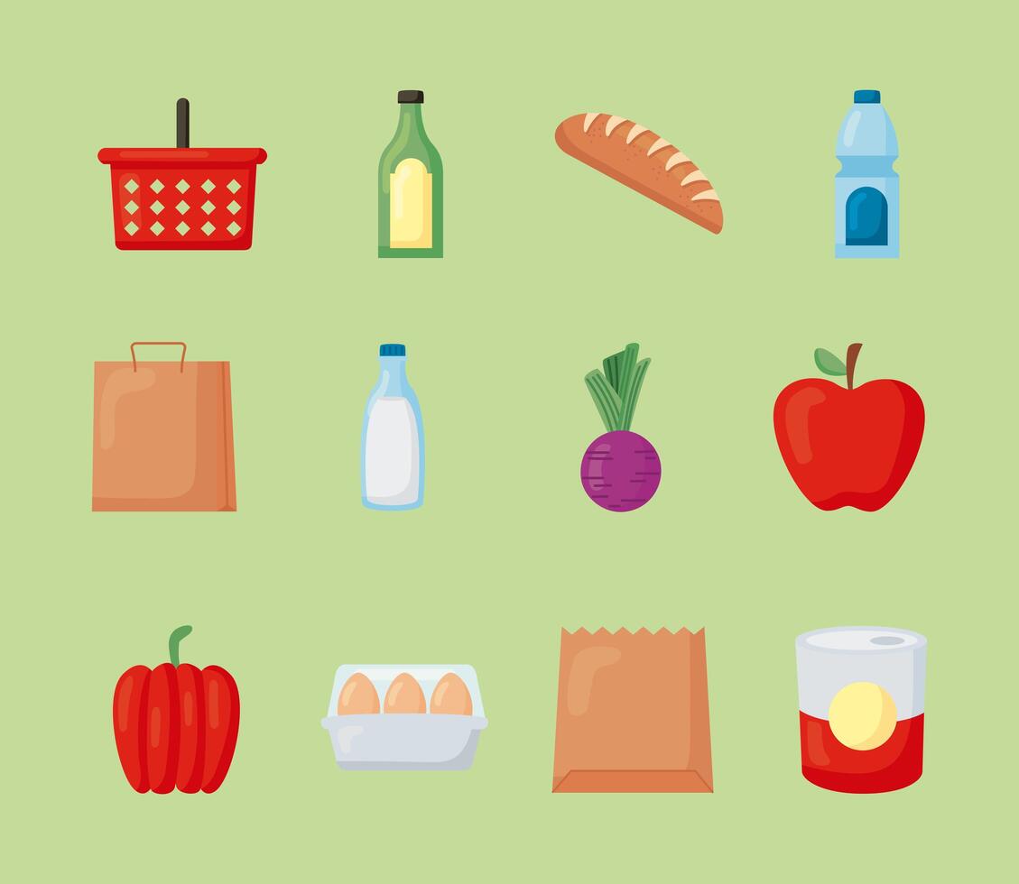 doce iconos de comestibles vector