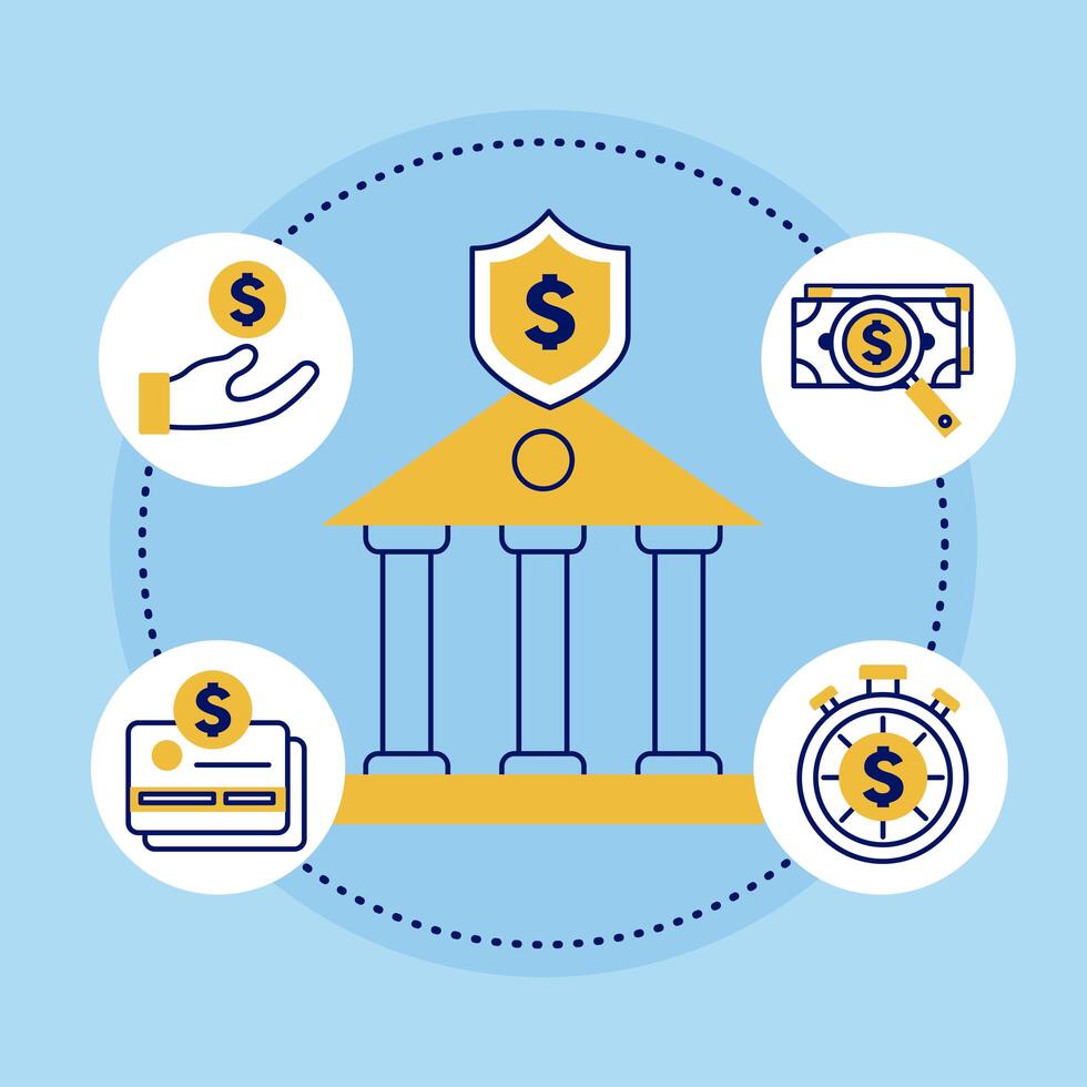 bank with money icon set vector