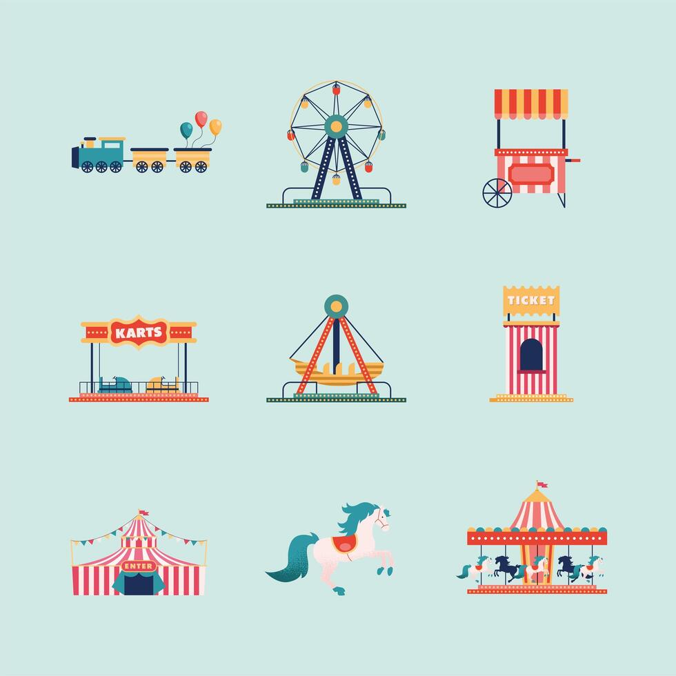 nine amusement park icons vector