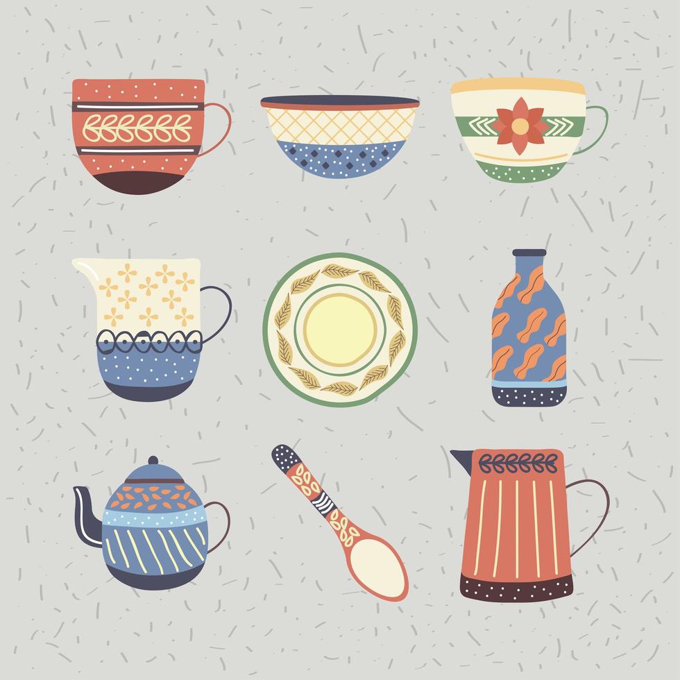 nine crockery dishes vector