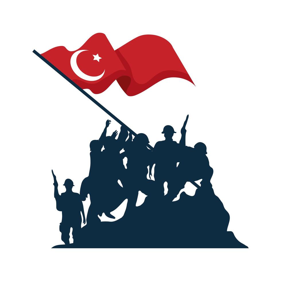 Zafer bayrami soldiers silhouette with flag vector
