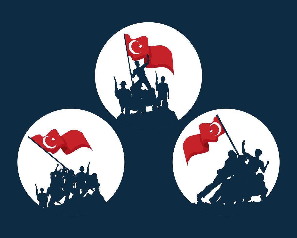 Zafer bayrami soldiers with flag icon set vector