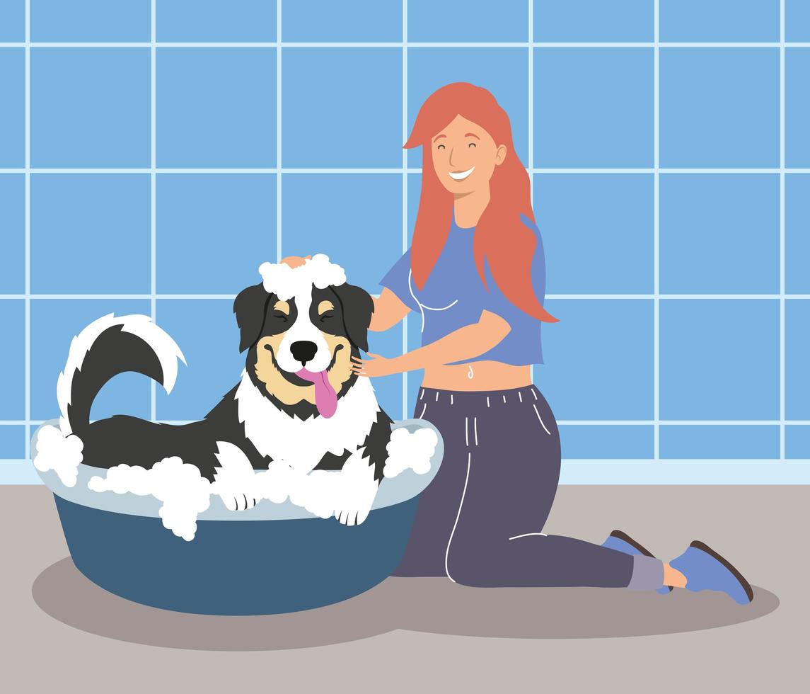 mujer baña un cachorro vector