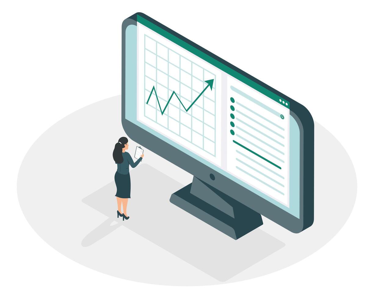 businesswoman and computer with increase arrow vector