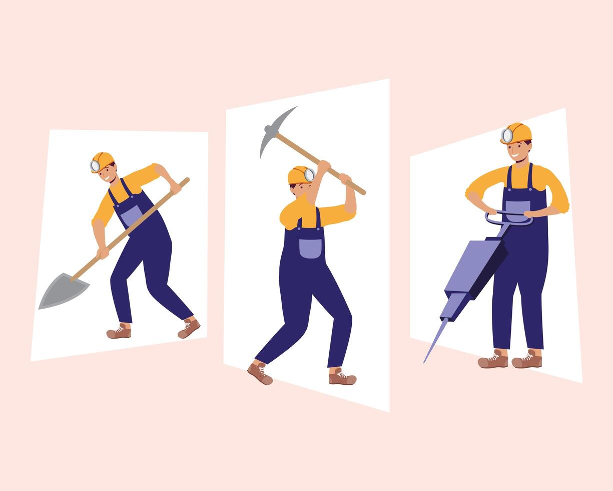 three miners workers vector