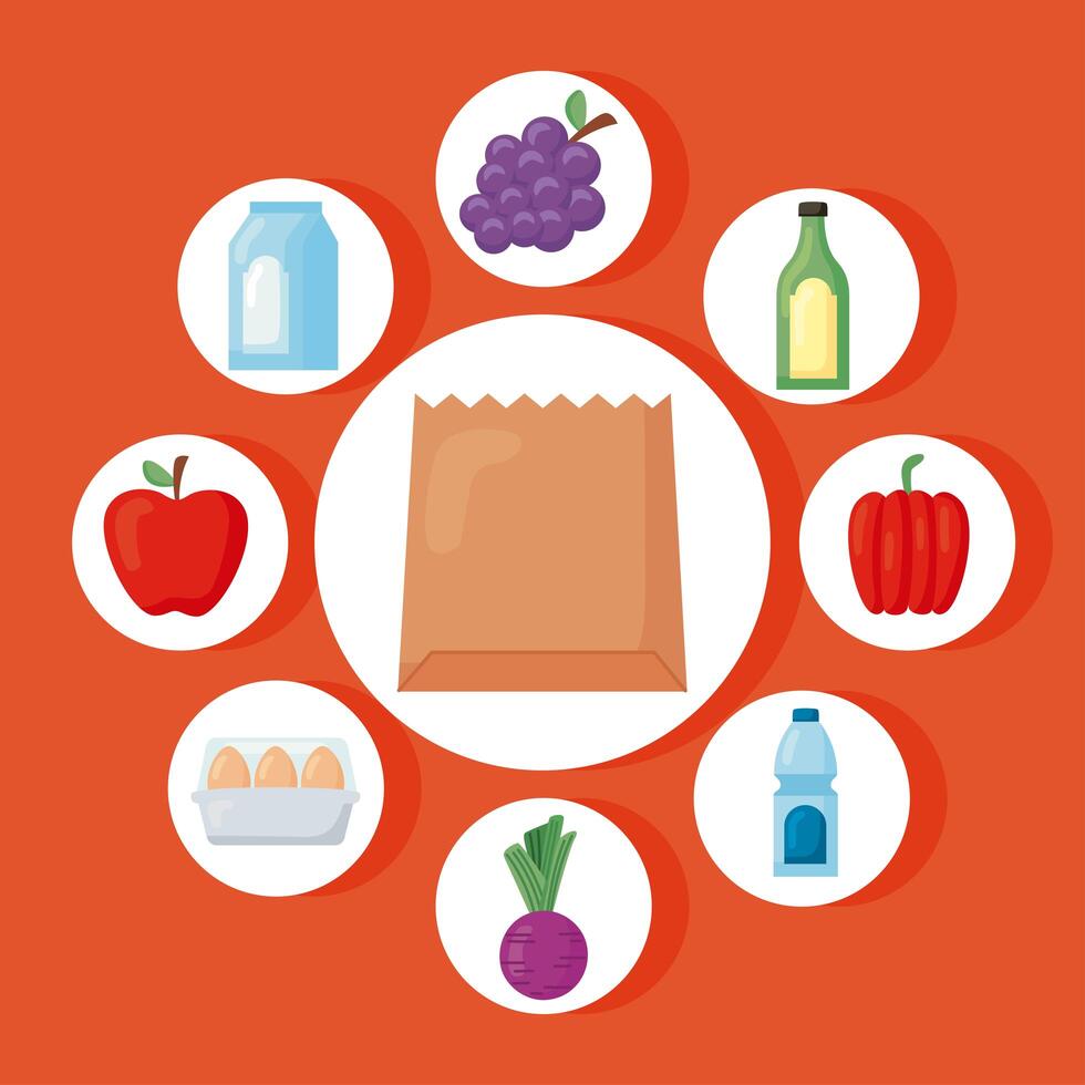 groceries icons around vector