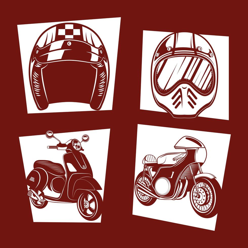 Colección de iconos de motocicletas y cascos. vector