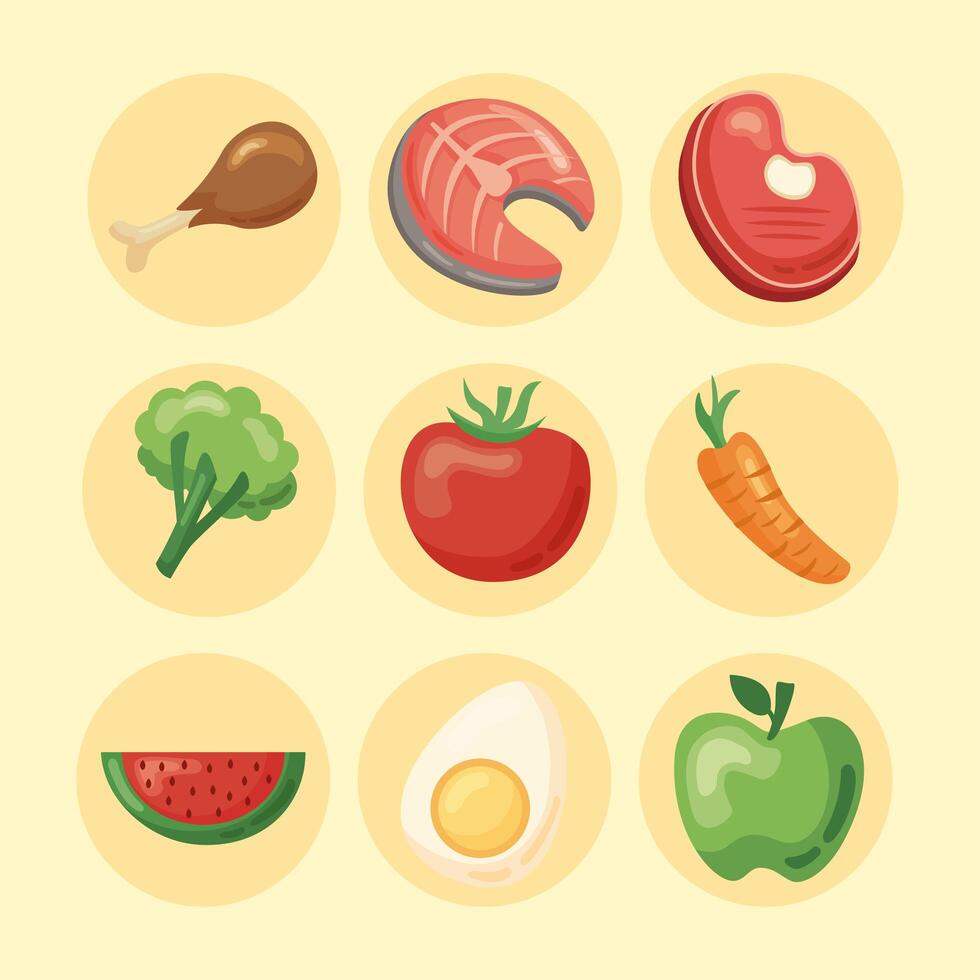 comida sana nueve iconos vector