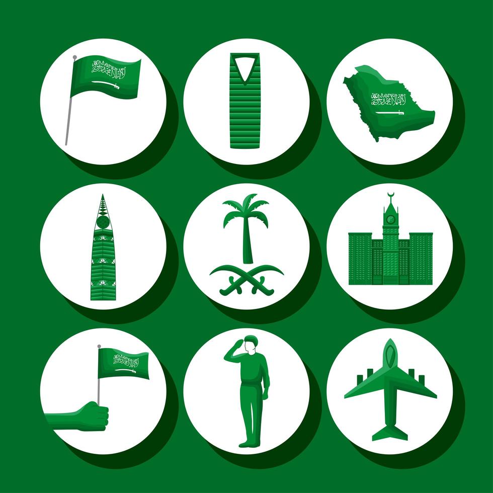 nueve iconos del día nacional saudita vector