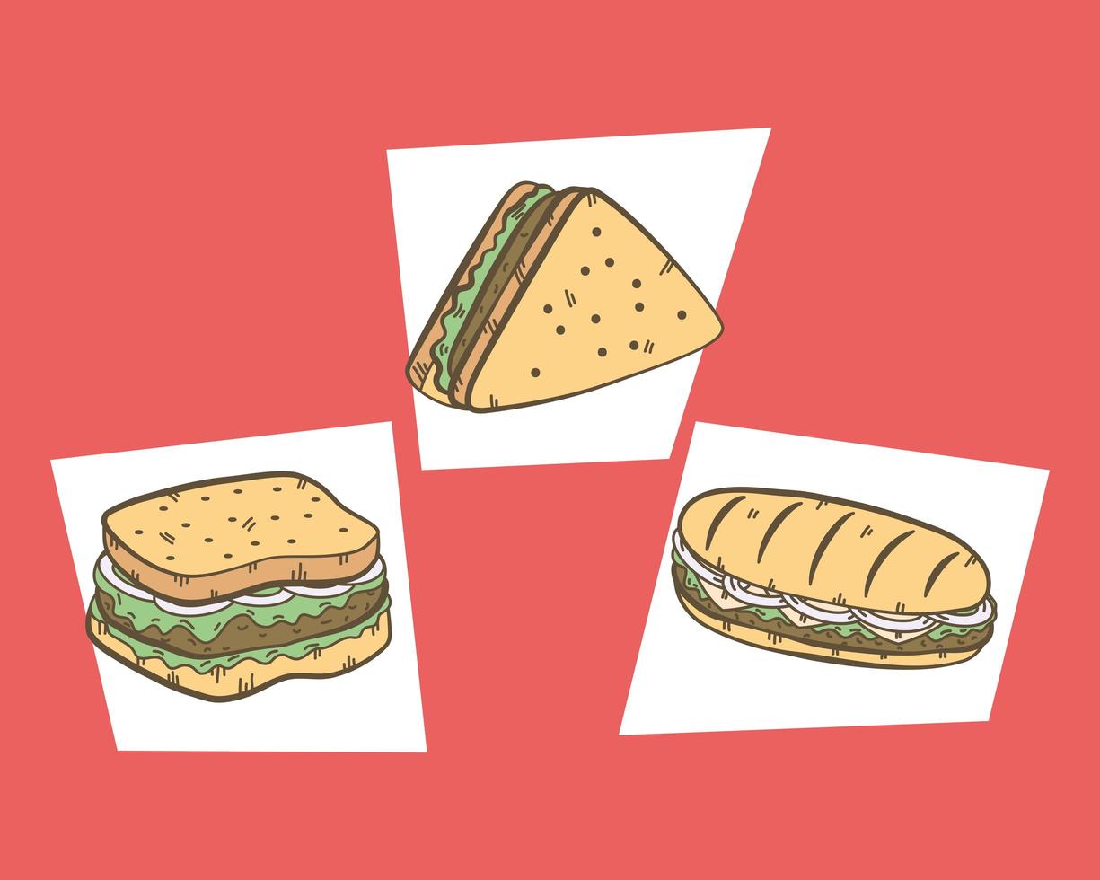 tres iconos de comida rapida vector