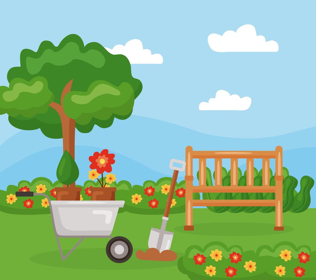 bench wheelbarrow plants and tree vector