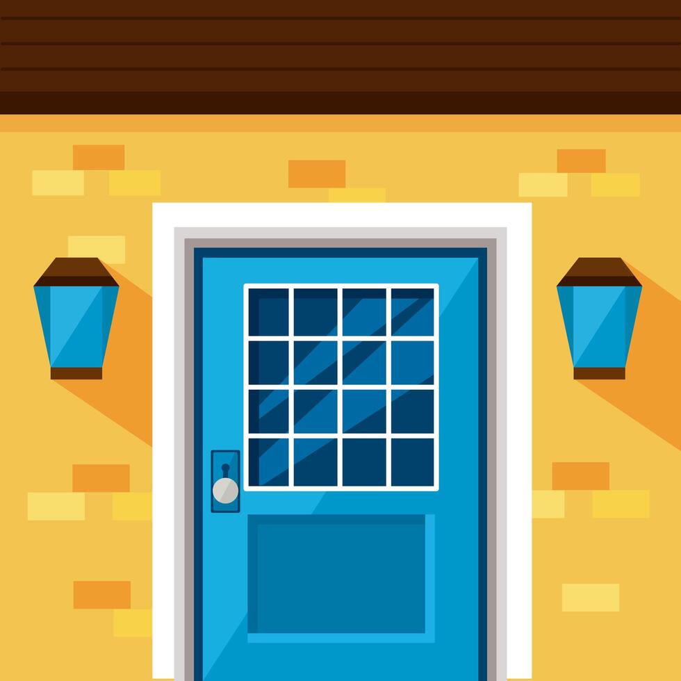 blue front door and lamps vector