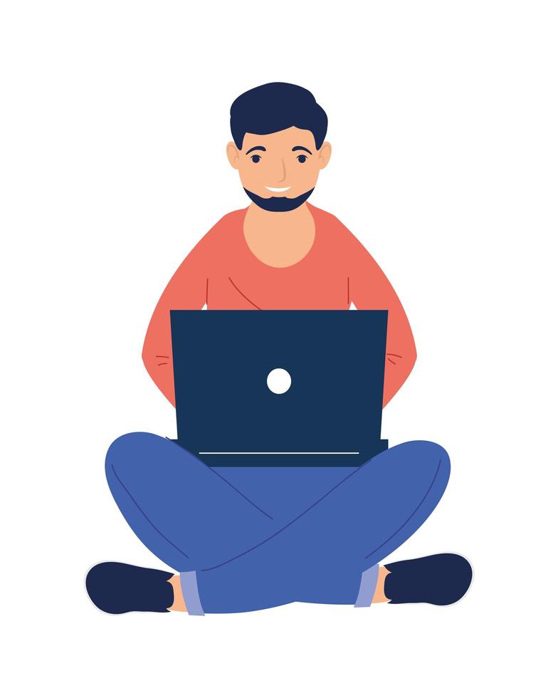 young man seated using laptop vector