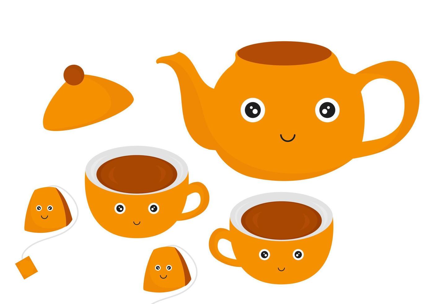 illustration of a teapot, cup and instant tea, with a warm orange and brown color combination vector