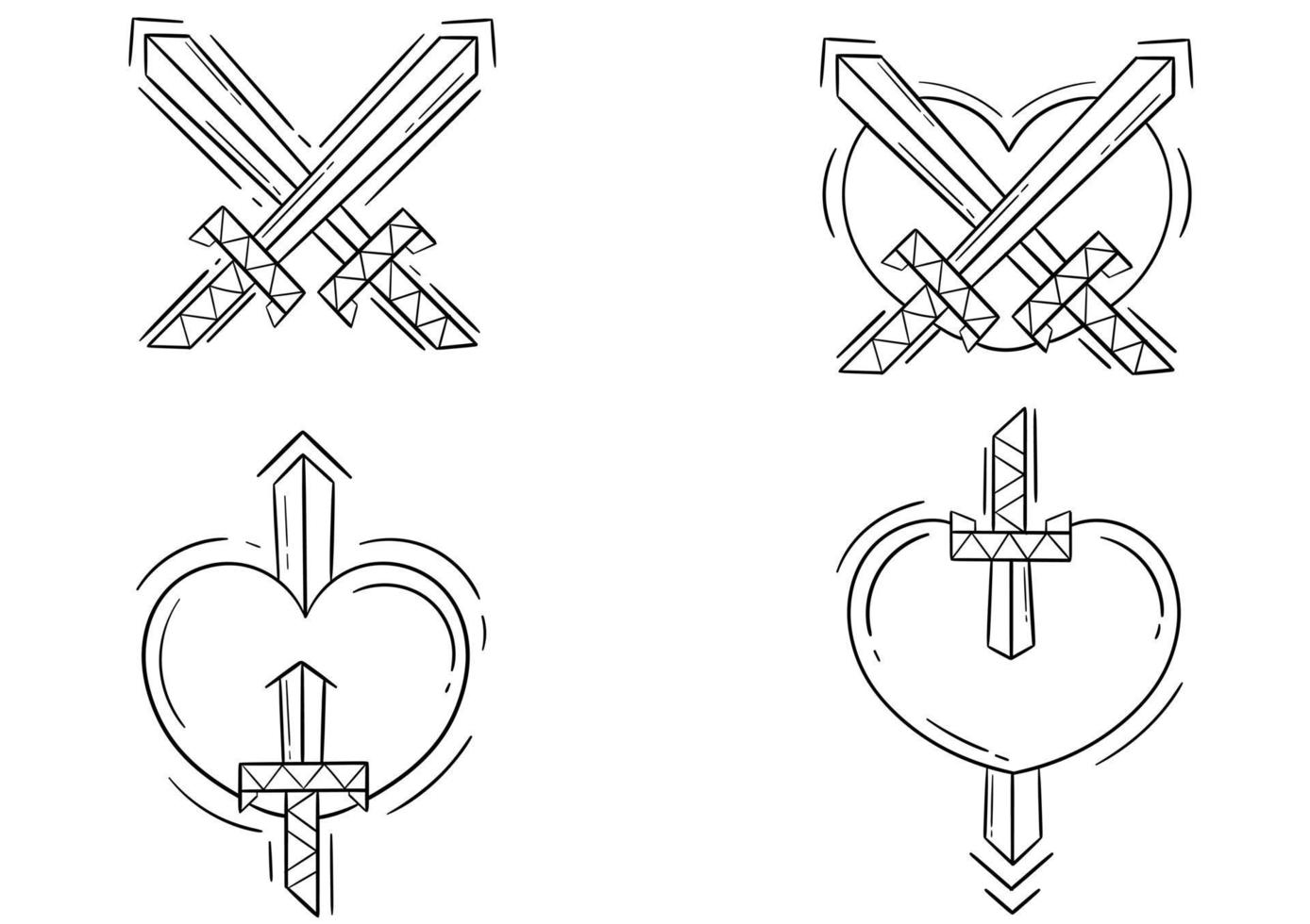 collection of heart and sword outline illustrations vector