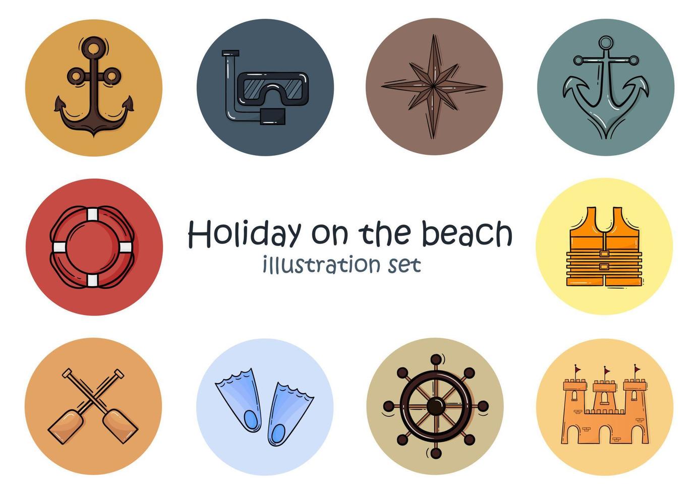 set of hand drawn icons about vacation at sea or beach vector