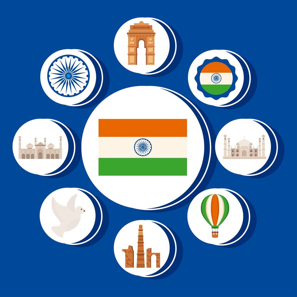 Fag with india independence day icons vector