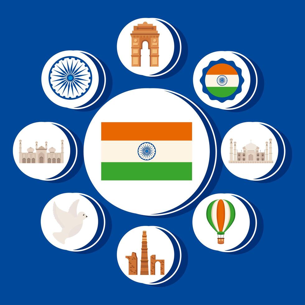 maricón con iconos del día de la independencia de la india vector