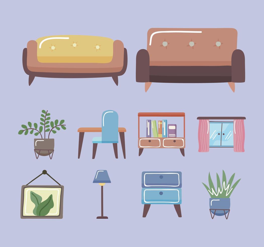 Comfortable couches and home icon set vector