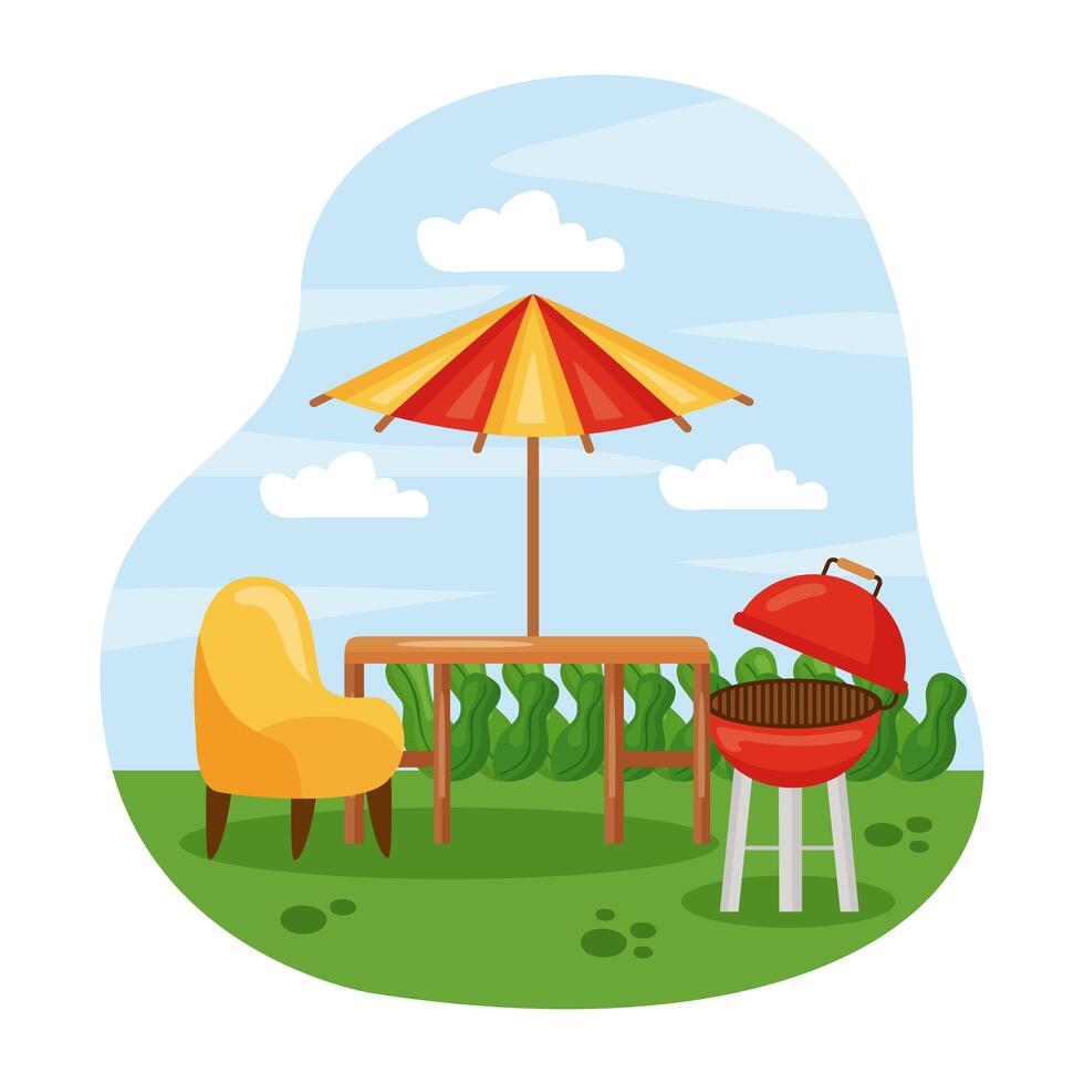 table with umbrella chair and grill vector