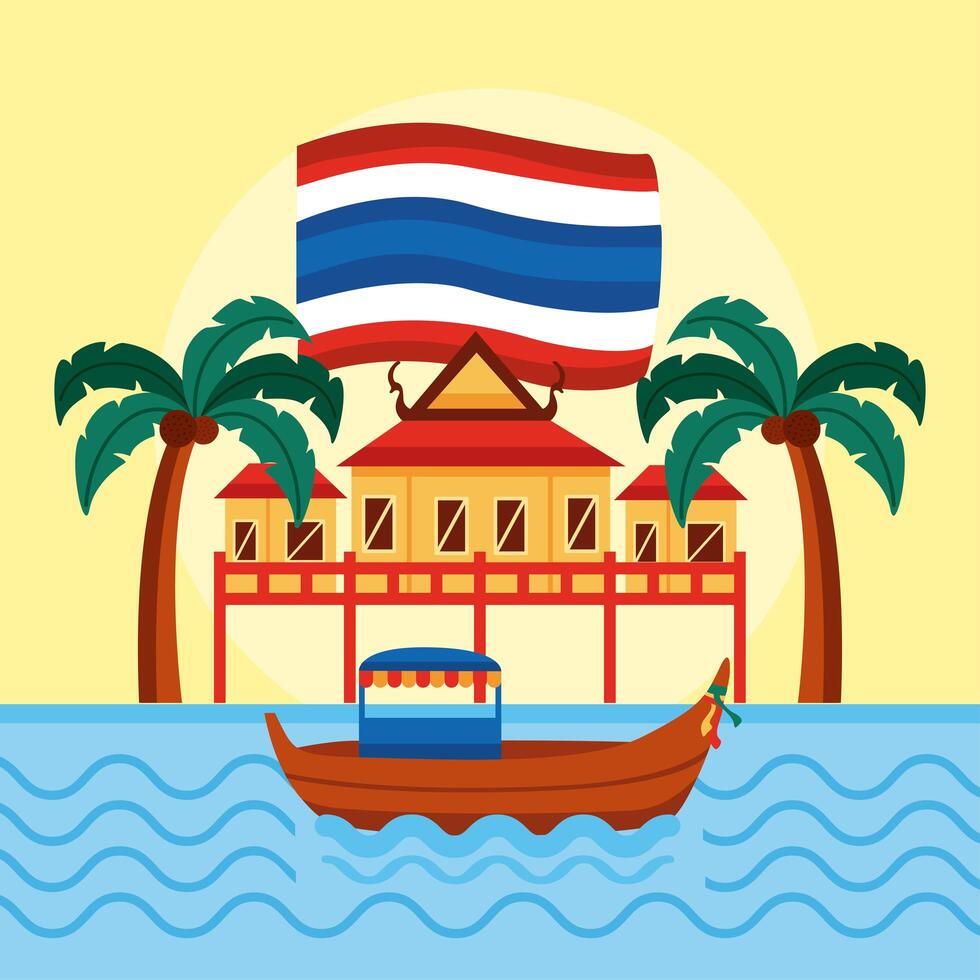 templo de tailandia y barco vector