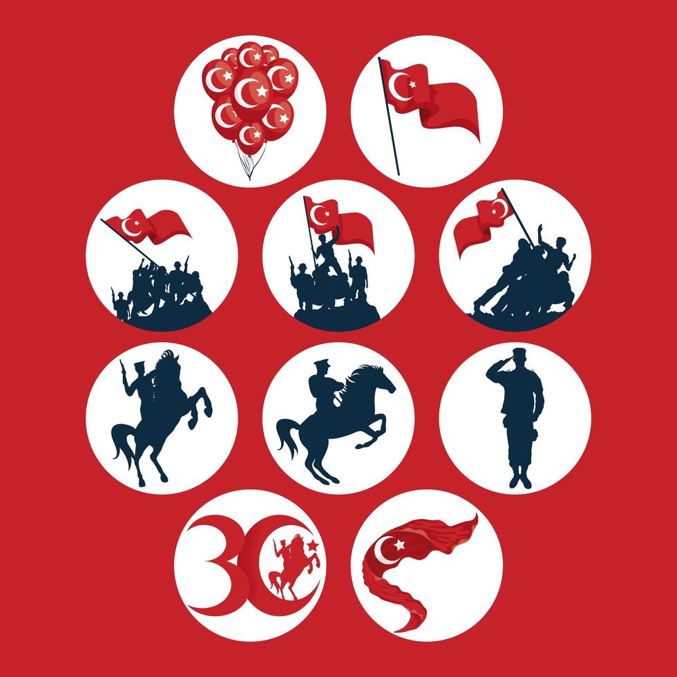 Zafer bayrami soldiers with flag icon collection vector