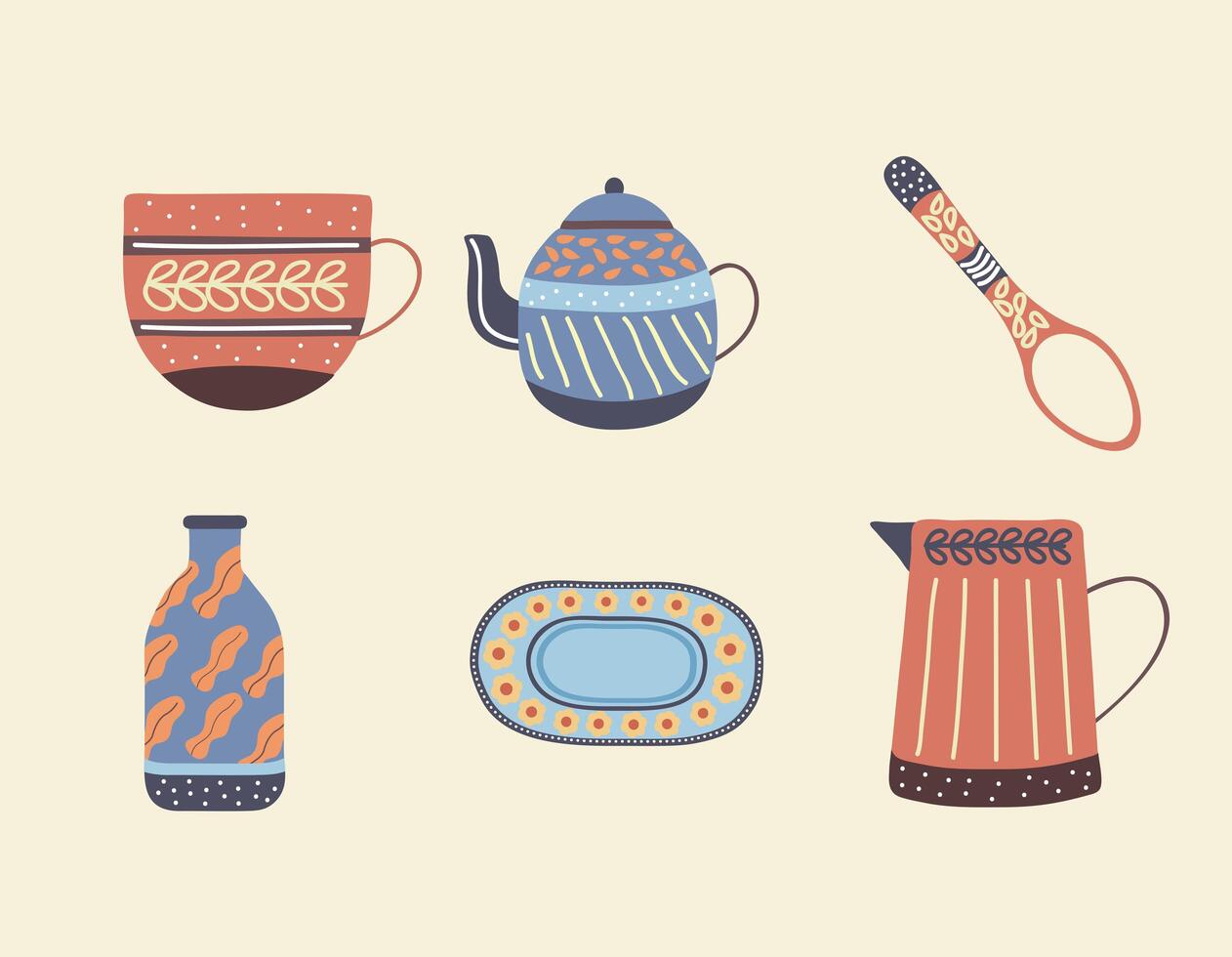 six crockery dishes vector