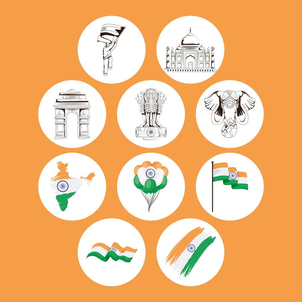 grupo de iconos del día de la independencia de la india vector
