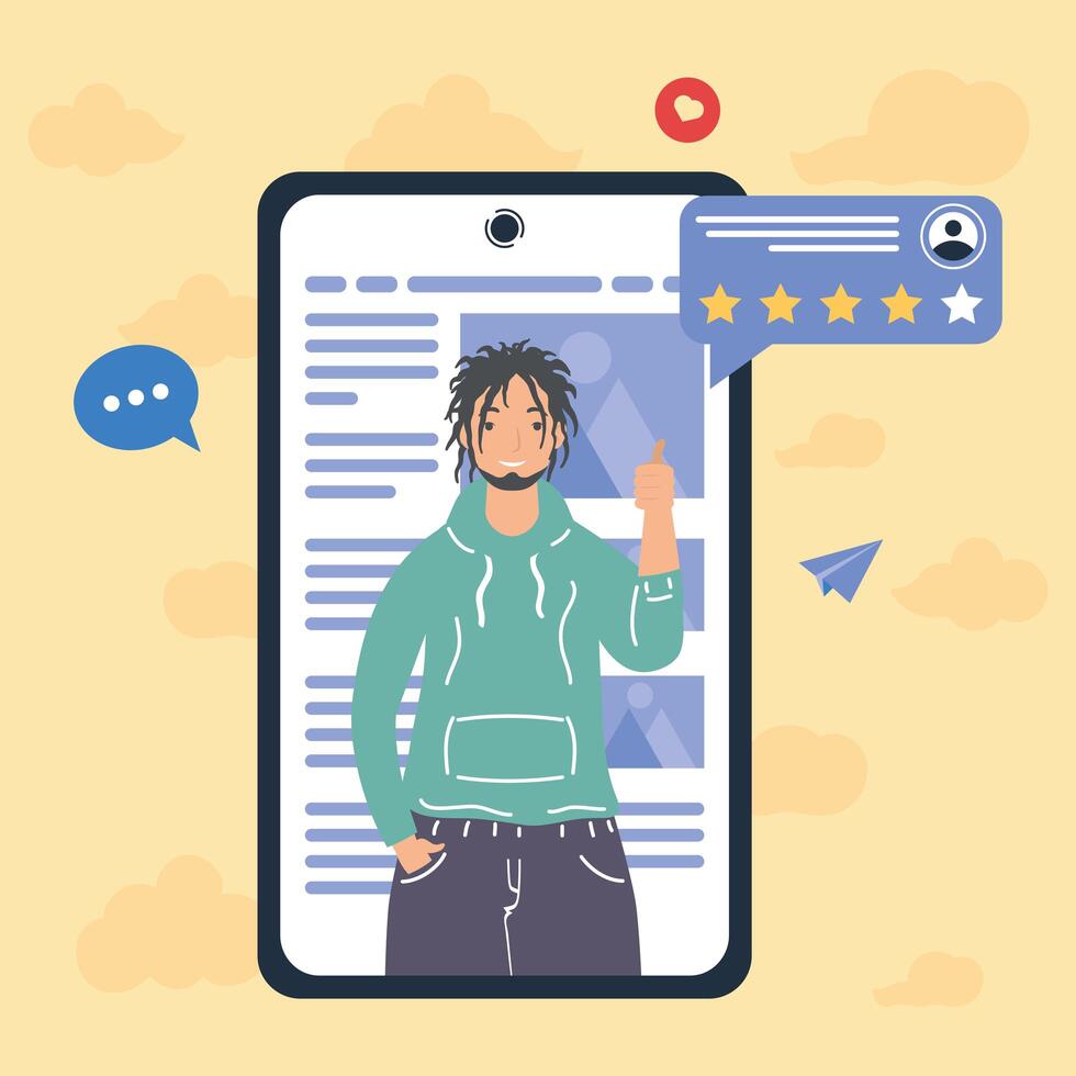 man with feedback in smartphone vector