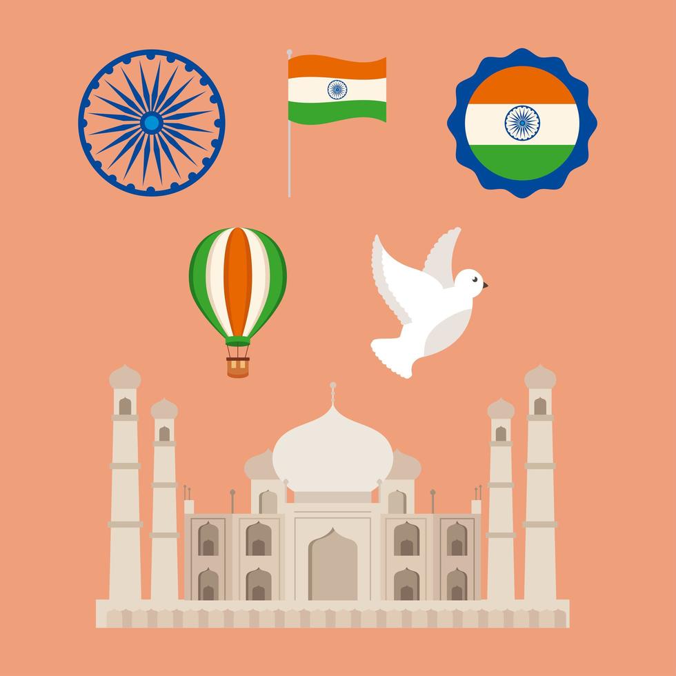 taj mahal y conjunto de iconos vector