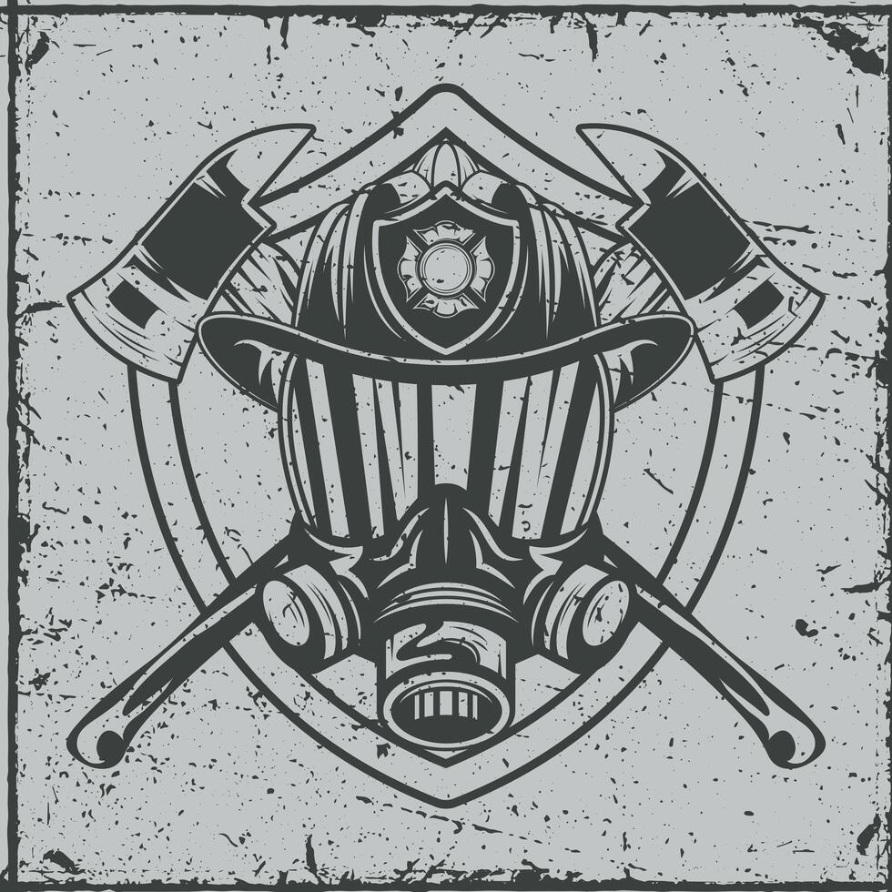 Firefighter gas mask with helmet and axes vector