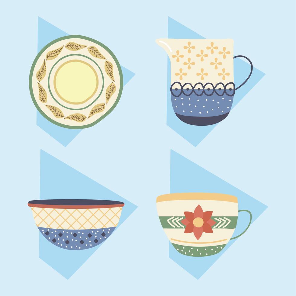 four crockery dishes vector