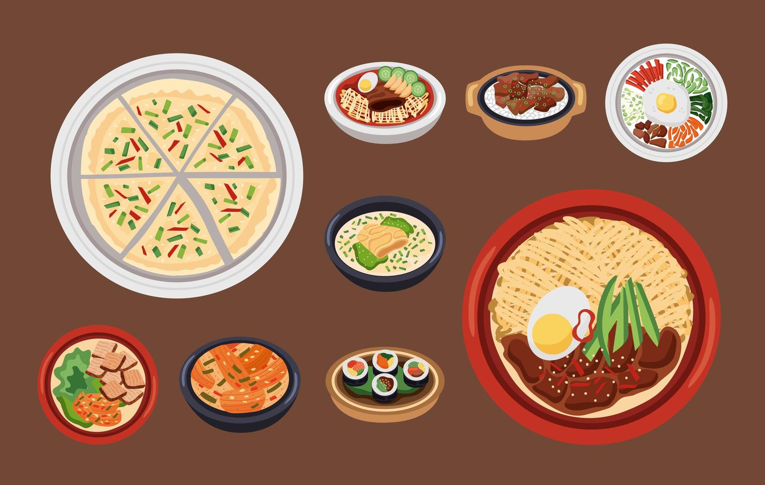 nine korean food icons vector