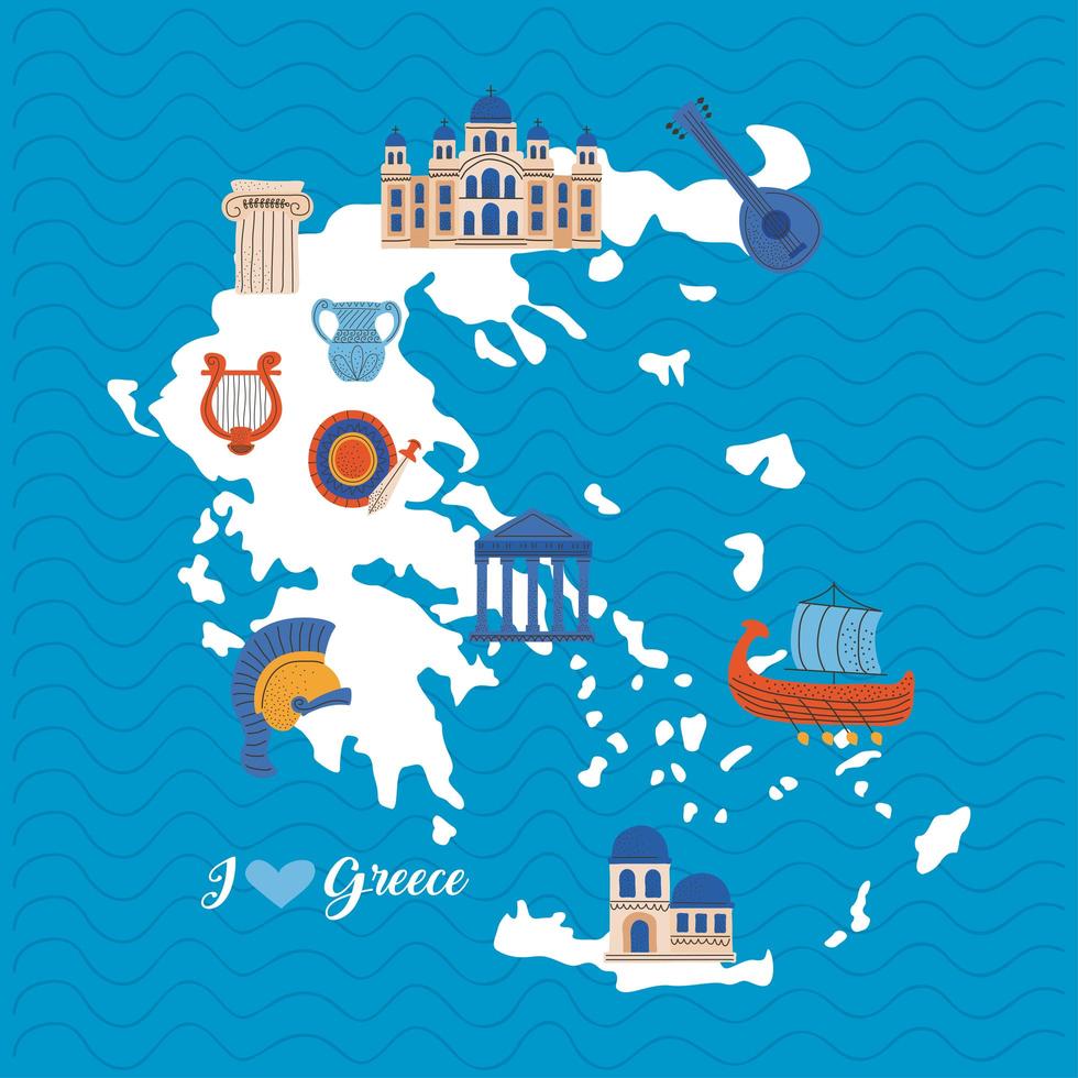 mapa de grecia con iconos vector