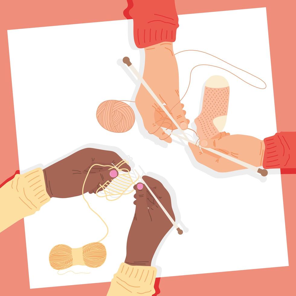 Hands holdigng knitting needles with yarns vector