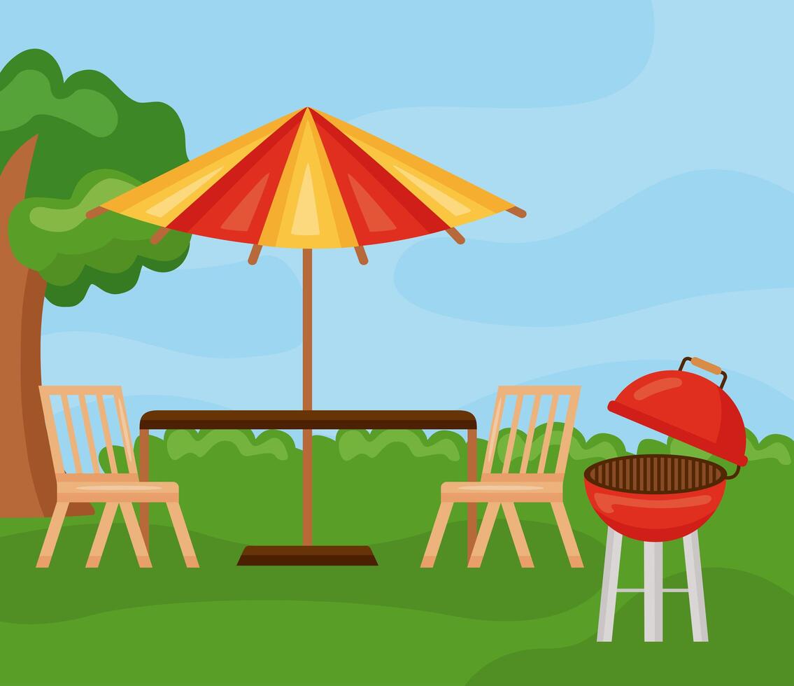 table with umbrella and grill vector