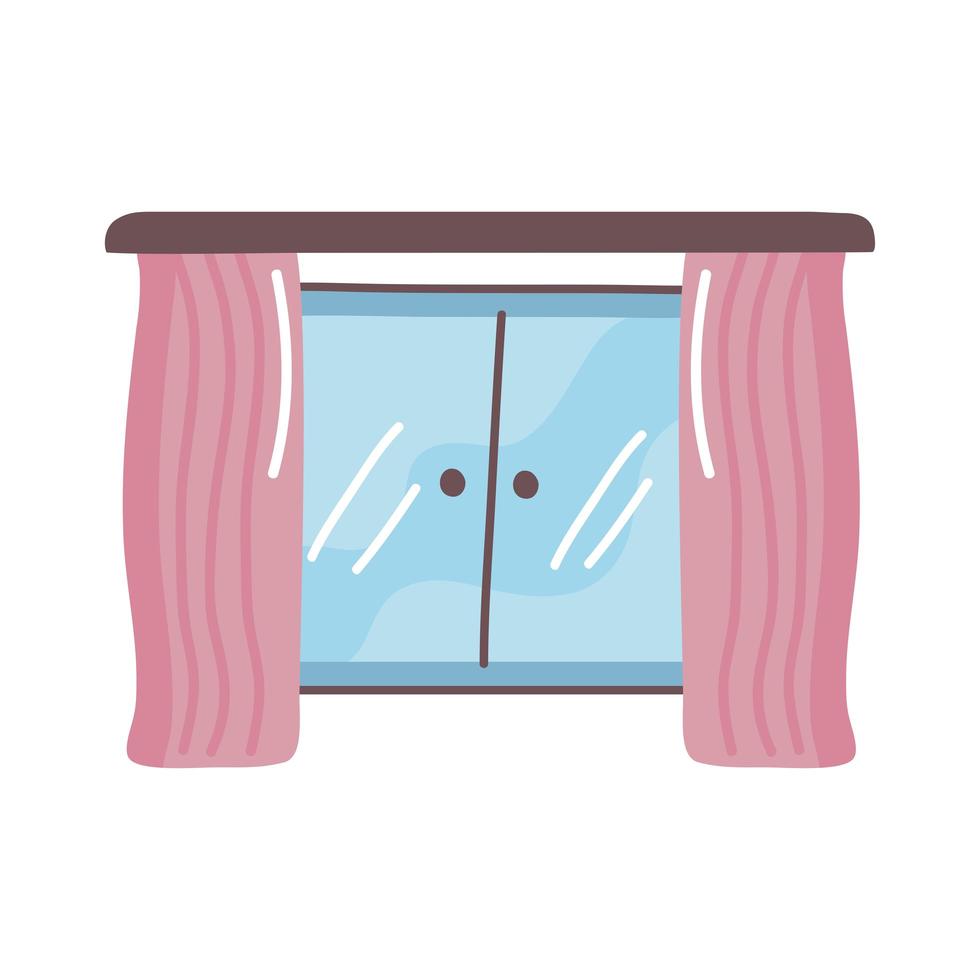 house window with pink curtains vector