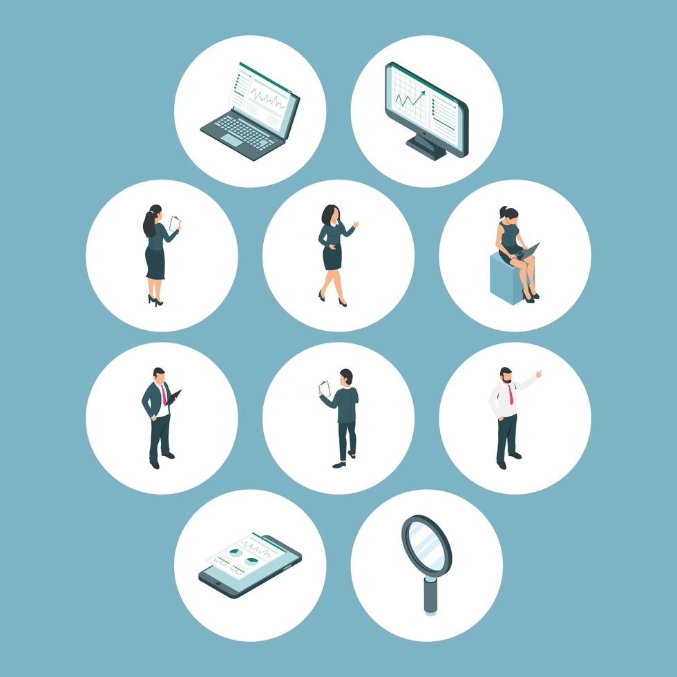 Businesspeople and analytics symbols vector