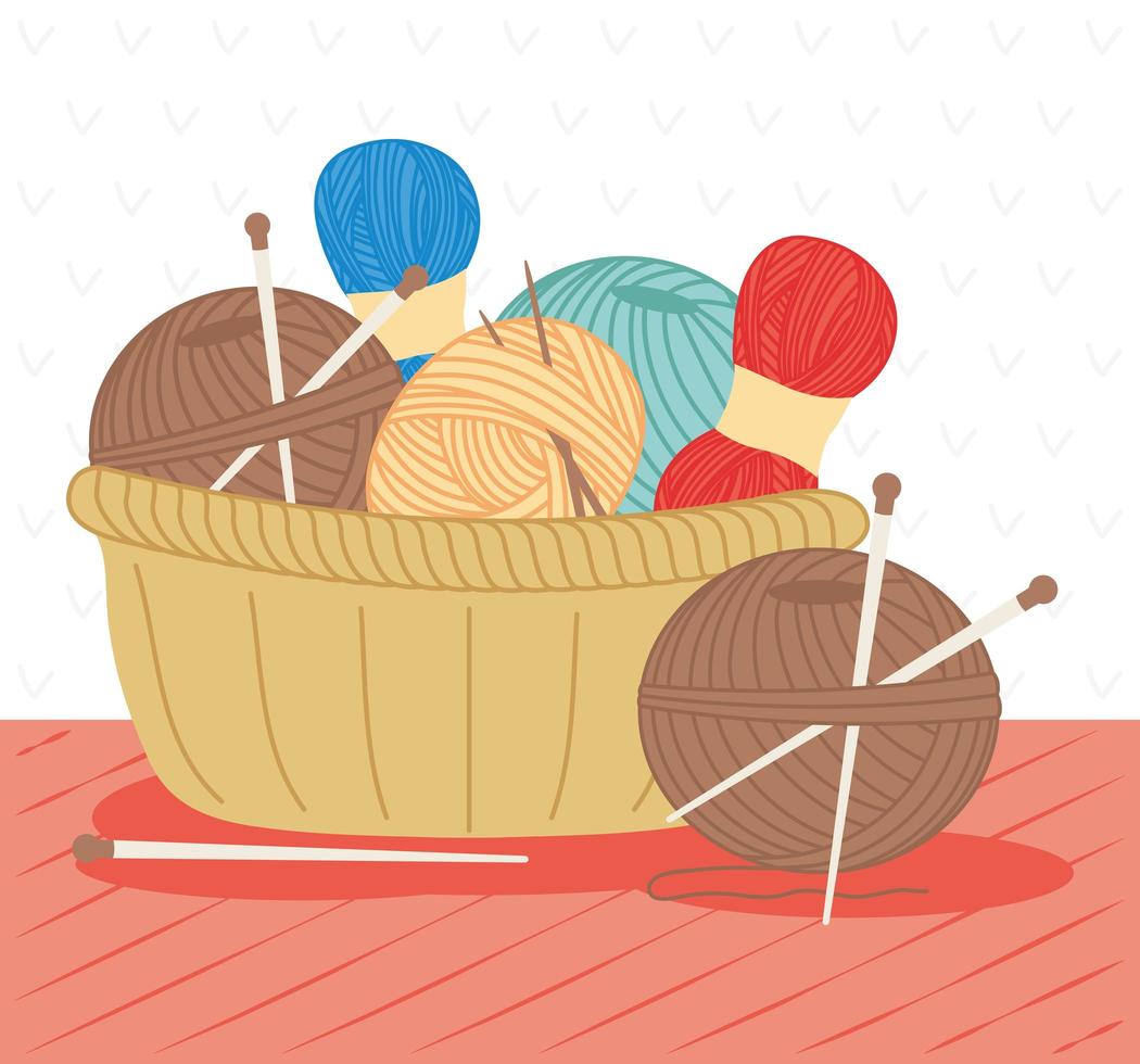 Knitting thread and yarns with needles in basket vector