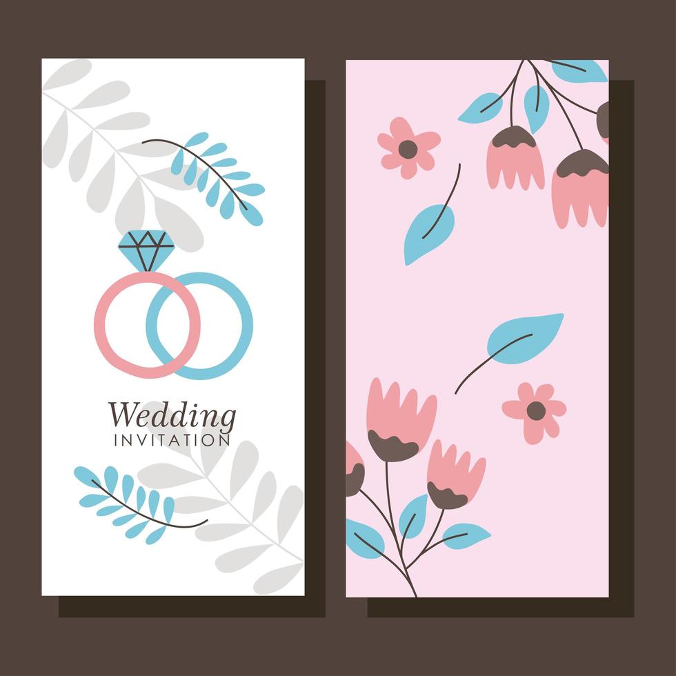 Banners de boda con anillos y flores. vector