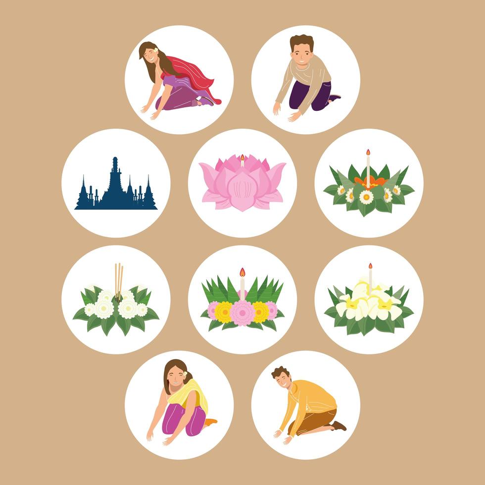 diez iconos de loy krathong vector