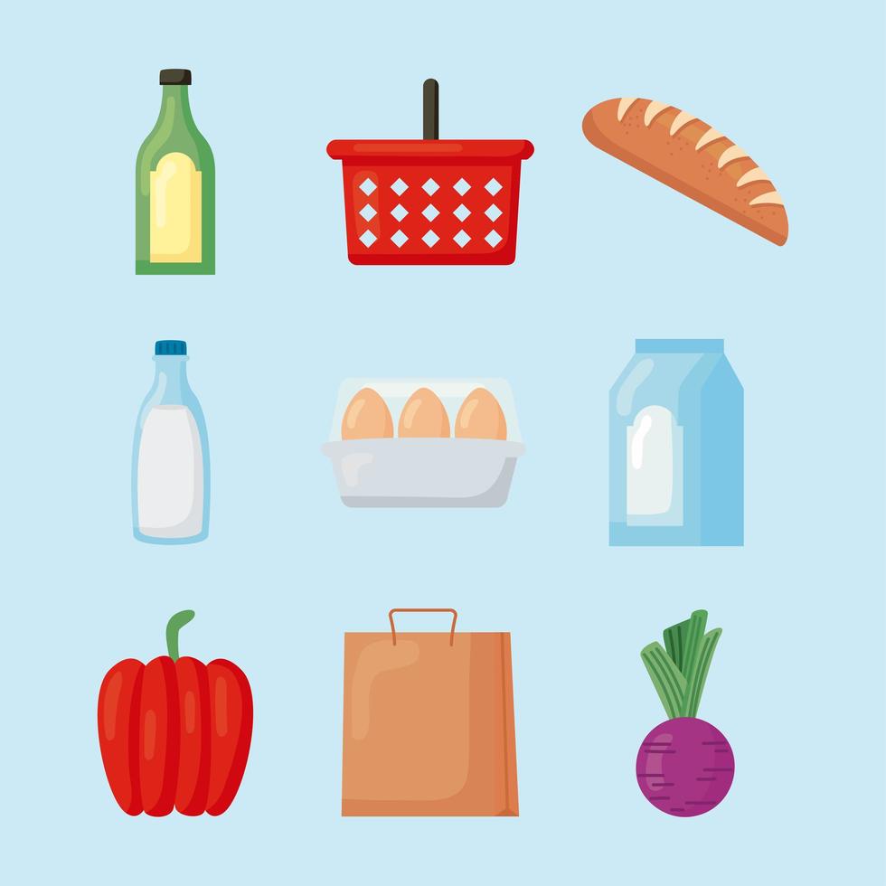 nueve iconos de comestibles vector