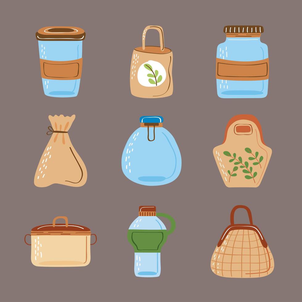 iconos de bolsas y contenedores reutilizables vector