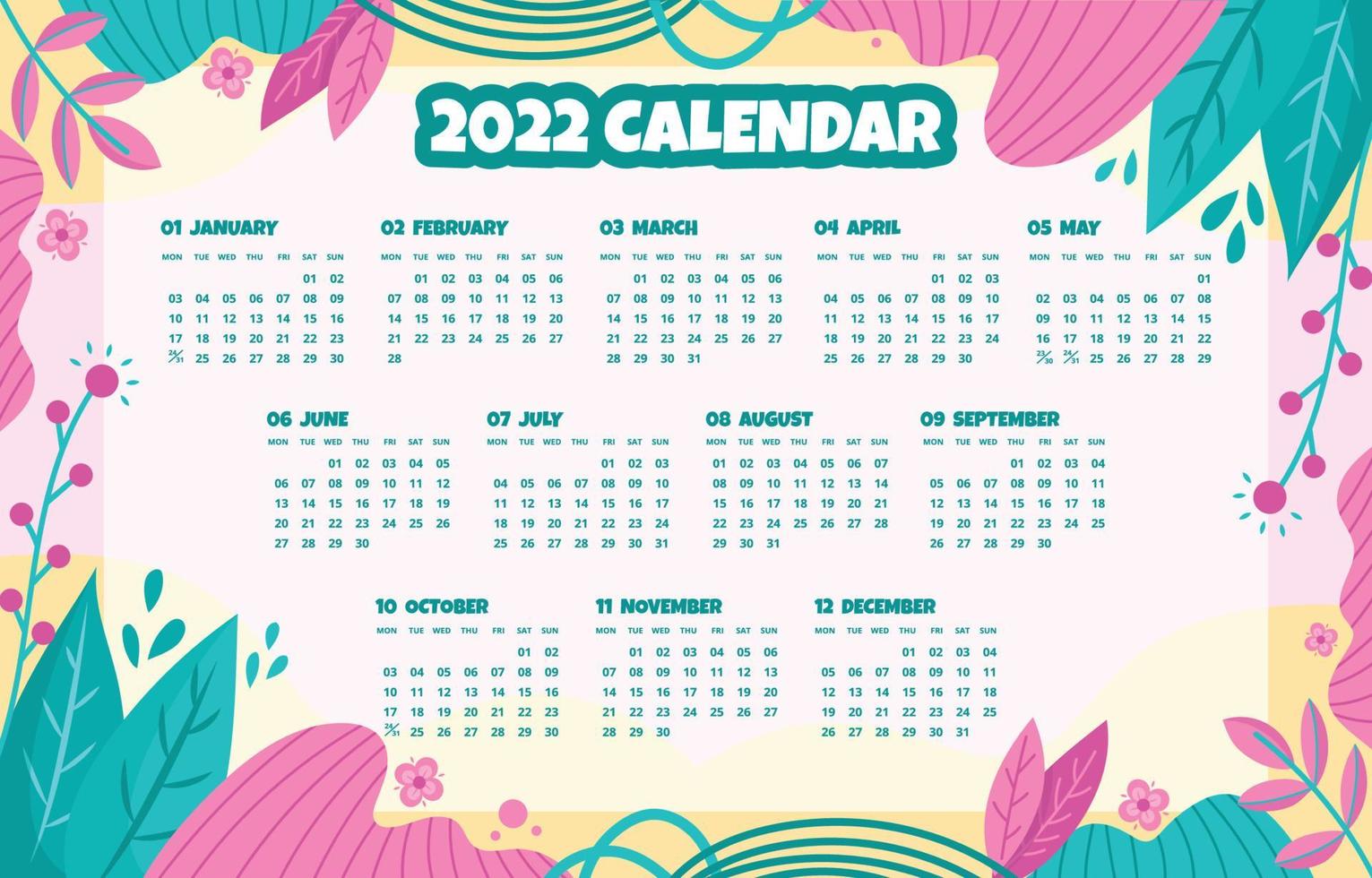 plantilla de calendario floral 2022 vector