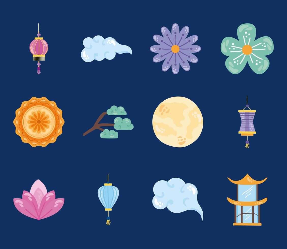 twelve mid autumn festival icons vector