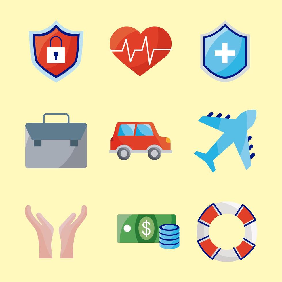 nueve iconos de servicio de seguros vector